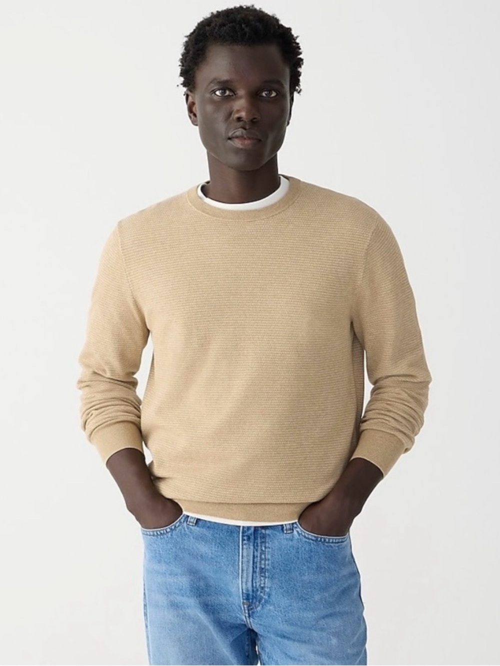 J. Crew NWT Silk Cotton-Blend Pique Sweater Crewneck Textured Knit Cream Tan